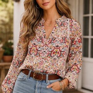 LOFT Floral Paisley Peasant Blouse XS Boho Long Sleeve EUC Lightweight
